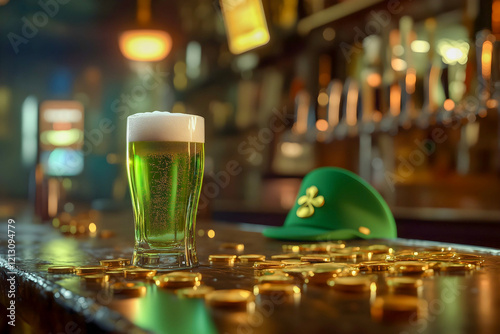 glass of beer on counter with green leprecon hat photo