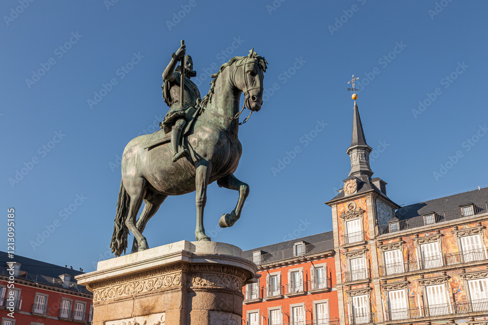 Madrid, Spain. Equestrian statue of Philip III in Plaza Mayor, a major landmark made by Giambologna and Pietro Tacca