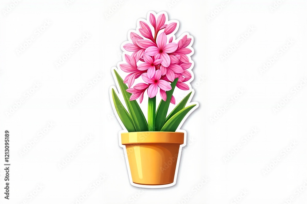 Sticker with Magical pink hyacinth blooming in a tiny golden pot against a white background, whimsical vector illustration concept. Sticker with Magical pink hyacinth blooming in a tiny golden pot against a white background, whimsical vector illustration concept.