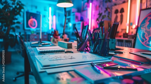 Neon Lit Workspace Featuring Art Supplies And Sketches