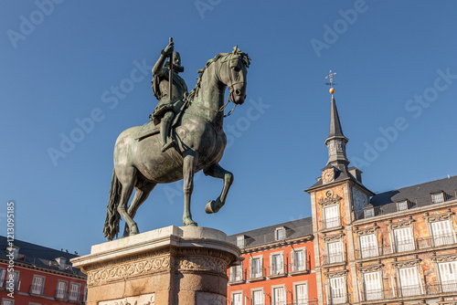 Madrid, Spain. Equestrian statue of Philip III in Plaza Mayor, a major landmark made by Giambologna and Pietro Tacca photo