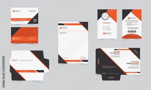 Corporate identity template design Realistic Black and orange Business Stationery mockup for any business abstract geometric design minimalist stationary template.