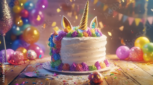 A unicorn-themed birthday cake with a golden horn and colorful buttercream flowers, on a wooden table with party decorations.