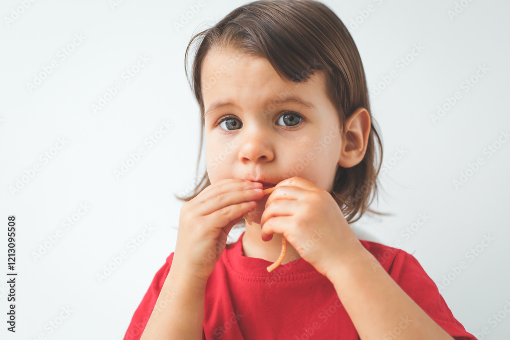 Little child eating spaghetti with hands, wearing a red shirt, looking thoughtful and curious, close-up portrait with a minimal white background, concept of childhood Little child eating spaghetti with hands, wearing a red shirt, looking thoughtful and curious, close-up portrait with a minimal white background, concept of childhood