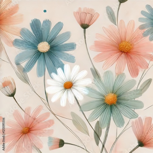 Wallpaper Mural Delicate Watercolor Pastel Flowers, Botanical Illustration, Floral Design, Daisy, Soft Colors Torontodigital.ca
