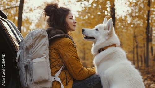 Chic Woman Traveler With Backpack Relaxing With Adorable Dog In Car Trunk In Sunny Autumn Forest. Young Trendy Female On Road Trip With Swiss Shepherd Dog. Traveling With Furry Companion.