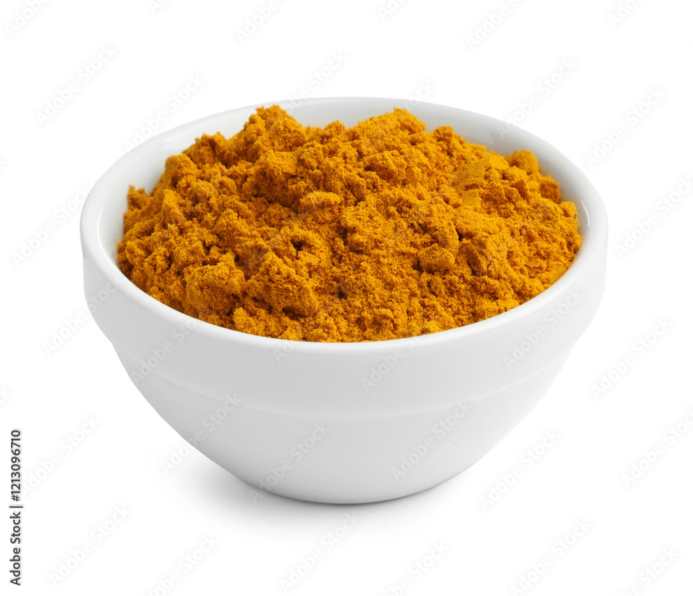 Turmeric powder in bowl isolated on white Turmeric powder in bowl isolated on white