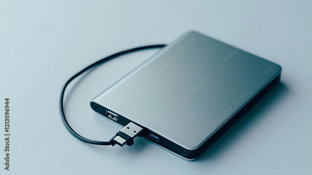 A stylish external hard drive with a slim design and USB cable on a white background A stylish external hard drive with a slim design and USB cable on a white background