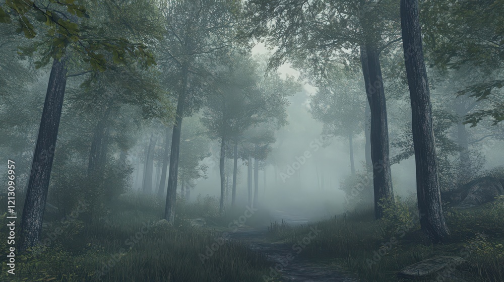 Obraz premium Misty forest path with tall trees creating a moody and atmospheric scene