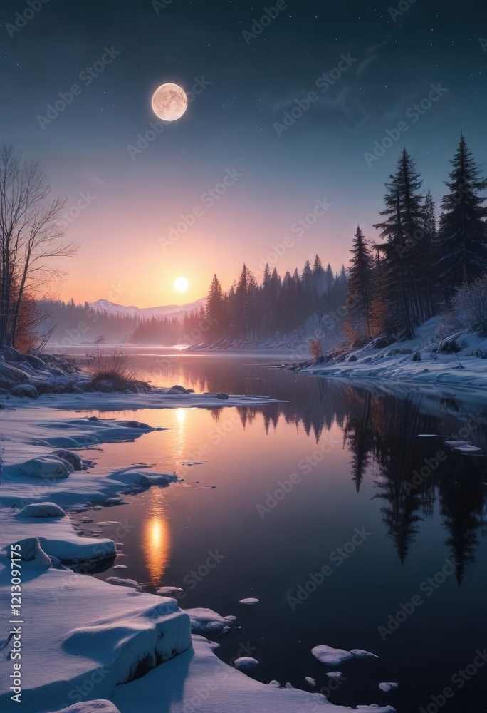 A winter wonderland scene with a glowing moon casting a warm glow on a frozen lake, serene, radiance