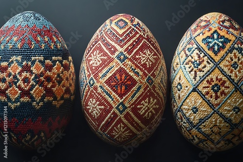 Three intricately decorated Easter eggs showcasing traditional folk art embroidery patterns.