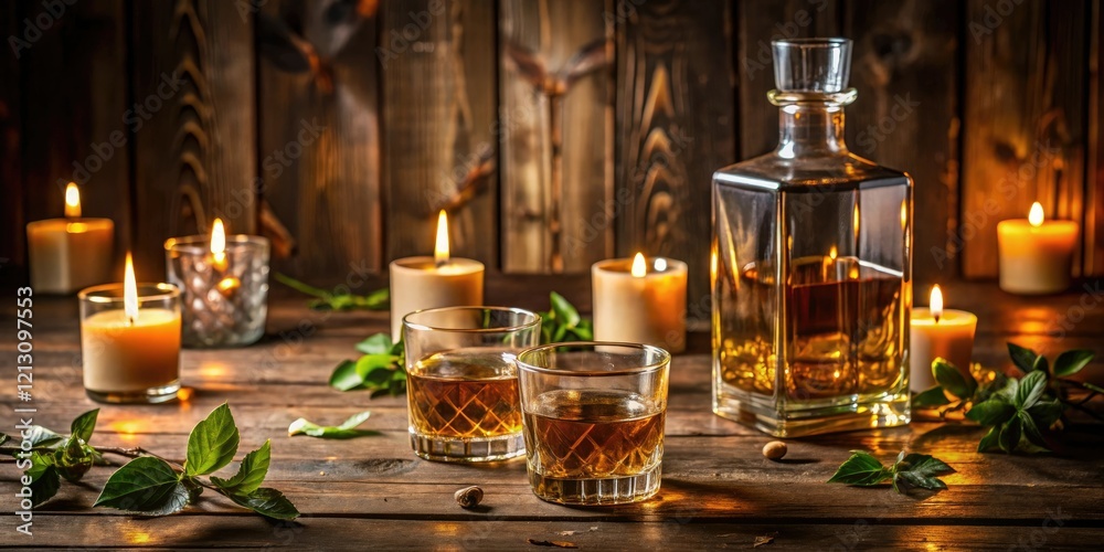A wooden table with a bottle of whiskey and several glasses, surrounded by candles and a few leaves, whiskey glasses, candlelight, leaves A wooden table with a bottle of whiskey and several glasses, surrounded by candles and a few leaves, whiskey glasses, candlelight, leaves