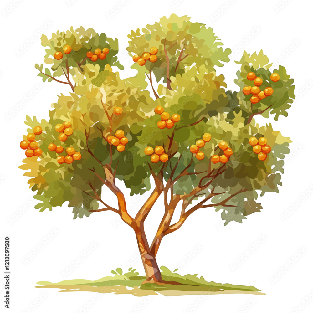 Fototapeta premium African Cherry Orange Tree with Fruit Watercolor Flat Illustration | Vibrant Nature Artwork for Logos & Digital Designs
