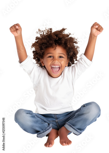 Joyful Child with Raised Arms Celebrating Success, isolated from background