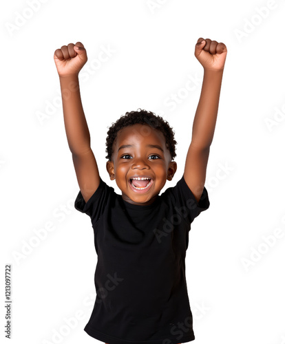 Joyful Young Boy Celebrating Success With Raised Arms, isolated from background, png photo