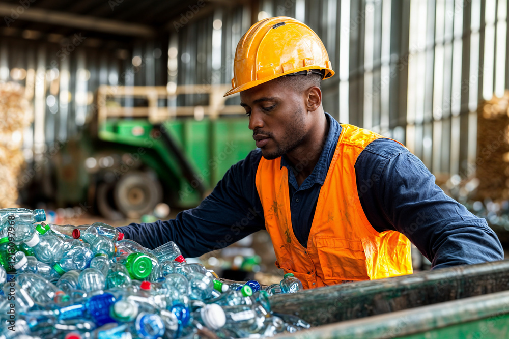 The image shows a person wearing a yellow hard hat and an orange safety vest, handling a pile of plastic bottles in what appears to be a recycling facility