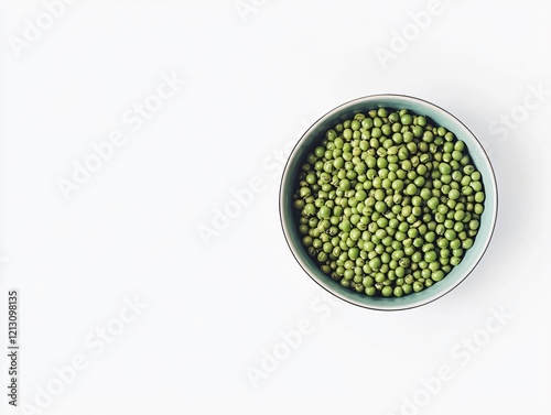 Overhead View Green Peas in Teal Bowl White Background photo