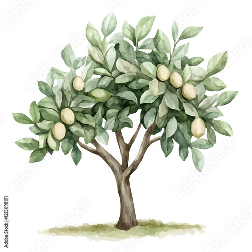 Almond Tree with Fruit Watercolor Flat Vector Illustration | Natural Artwork for Logos & Digital Designs  
