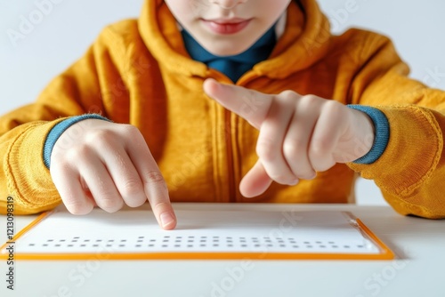 Caucasian boy in elementary school using braille at his desk reflecting themes of educati photo