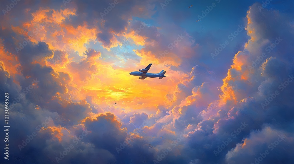 Naklejka premium Peaceful journey of an airplane through vibrant and luminous evening clouds