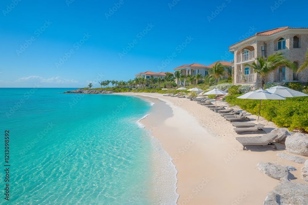 Pristine white sand beach meeting vibrant turquoise ocean at luxury resort Pristine white sand beach meeting vibrant turquoise ocean at luxury resort