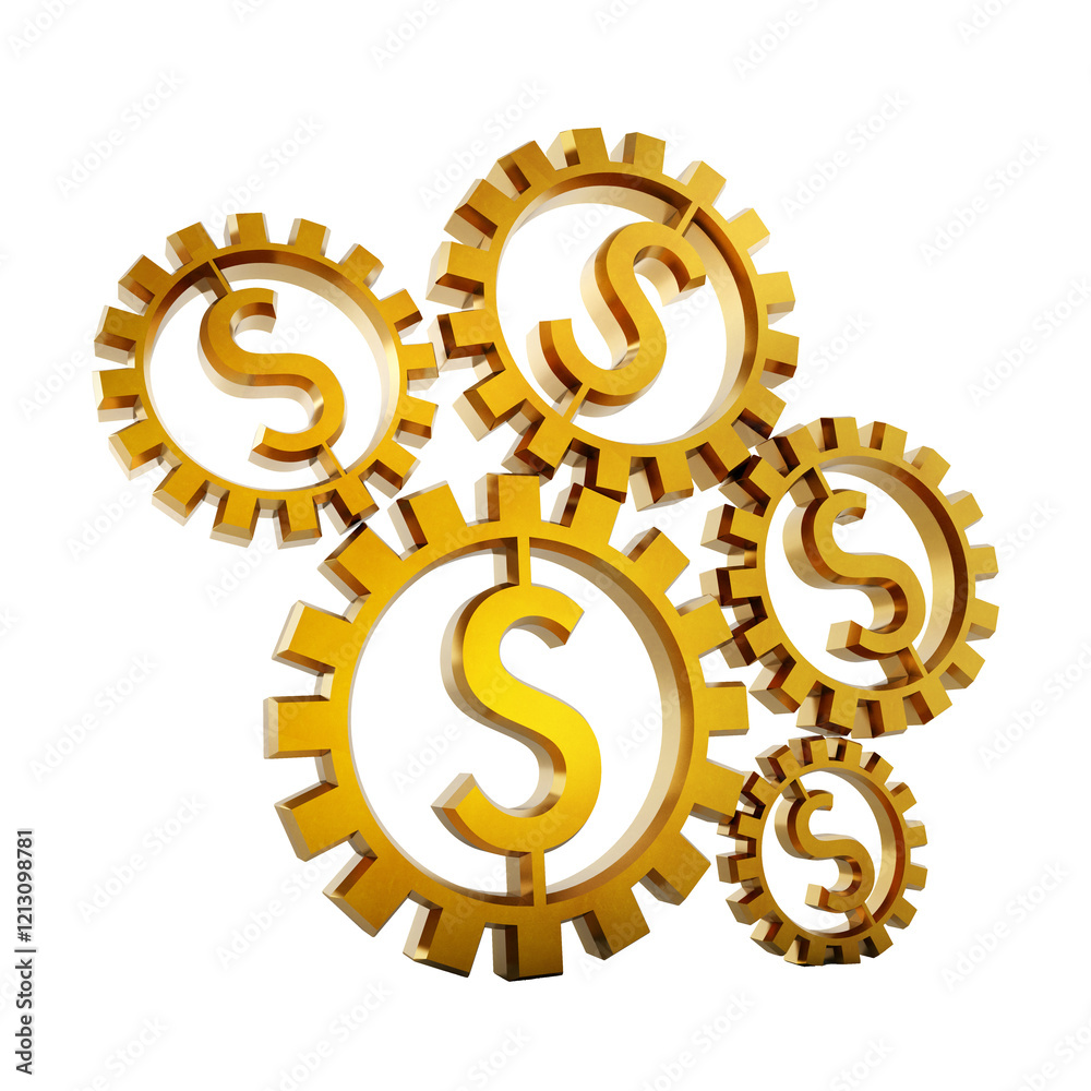 Cogwheels with dollar shape isolated on transparent background. 3D illustration Cogwheels with dollar shape isolated on transparent background. 3D illustration