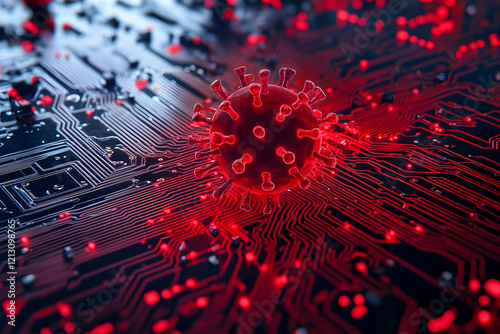 red electronic circuit board background with virus cell