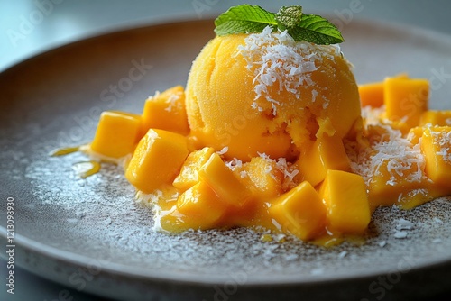 Delicious mango sorbet with fresh mango cubes and grated coconut photo