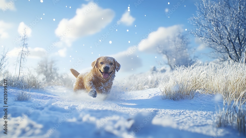 A dog playing in the snow, its fur dusted with frost, under a bright blue winter sky. A dog playing in the snow, its fur dusted with frost, under a bright blue winter sky.