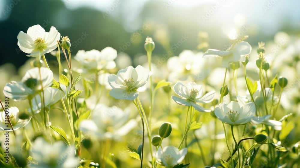 Wild field of white flowers with green leaves illuminated by sunlight, floral spring  eco background