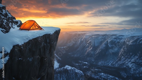 A dramatic view of a single tent on a snowy cliff edge overlooking a vast winter valley.