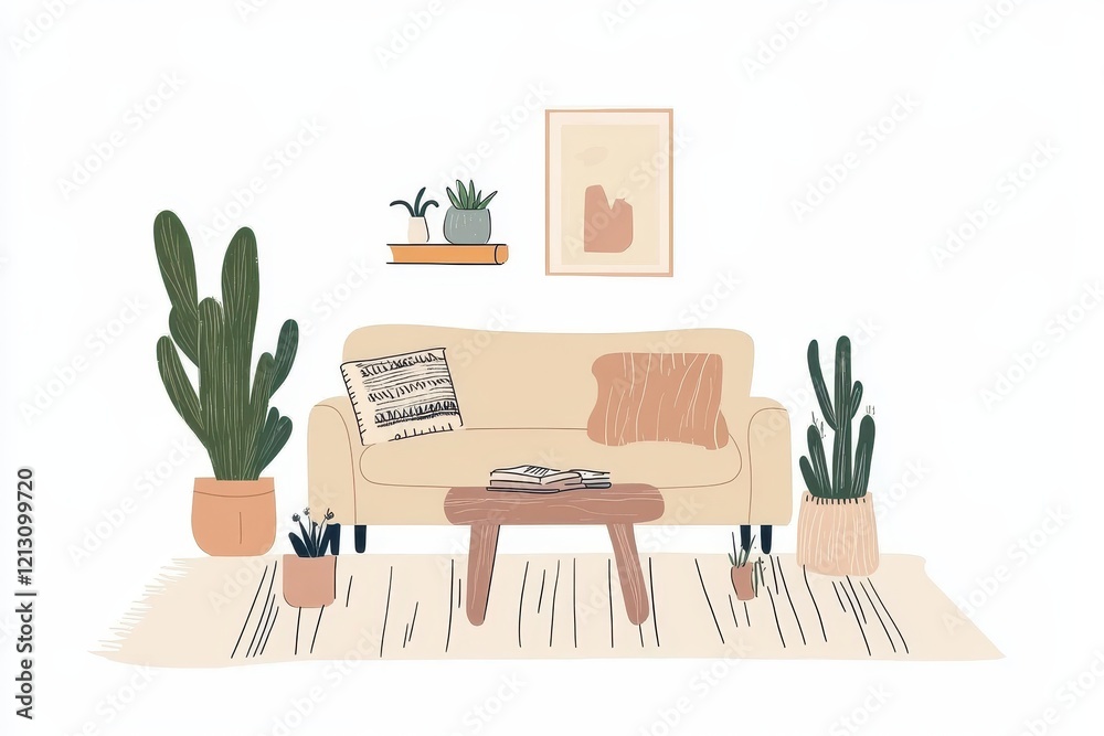 Obraz premium Chic living room setup featuring a beige sofa wooden stool cacti plants books decor