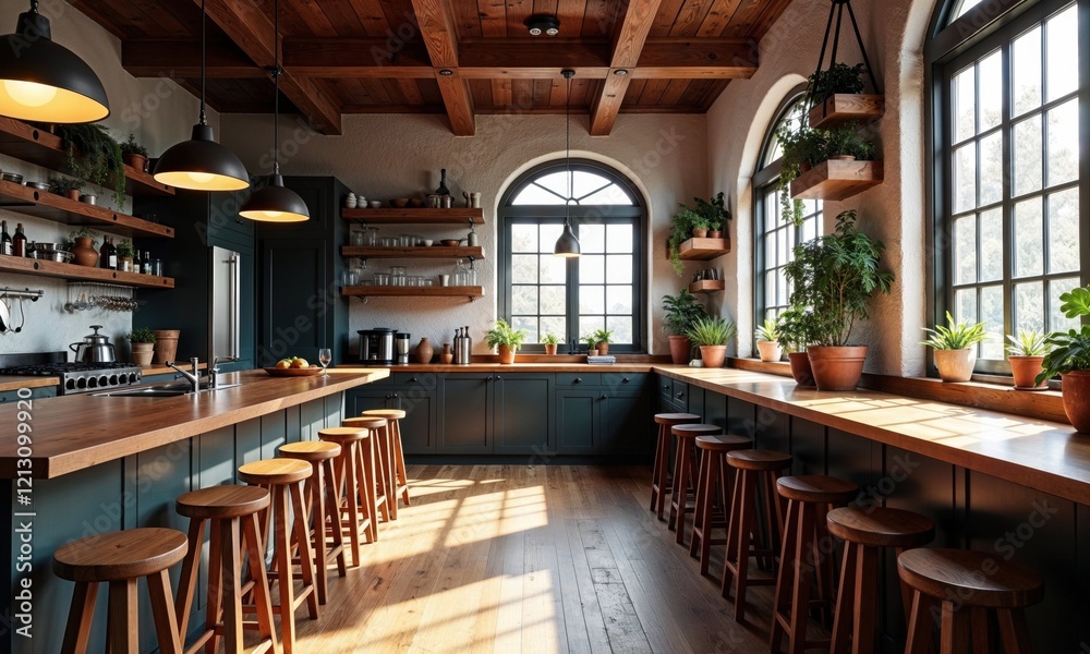 Bright, rustic kitchen with wooden countertops, open shelves, lush indoor plants, and large windows, blending natural light with cozy and sustainable interior desig Bright, rustic kitchen with wooden countertops, open shelves, lush indoor plants, and large windows, blending natural light with cozy and sustainable interior desig