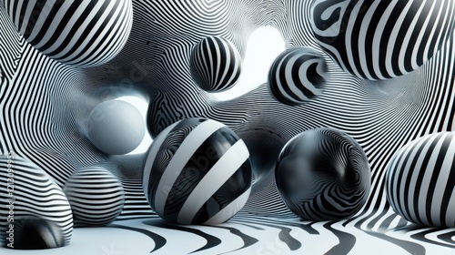 Black white striped spheres abstract 3D render surreal cave background product display