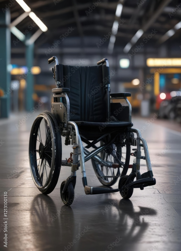 Obraz premium Abandoned wheelchair in dimly lit airport terminal, vacant, wheelchair , lobby