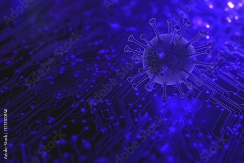blue electronic circuit board background with virus cell
