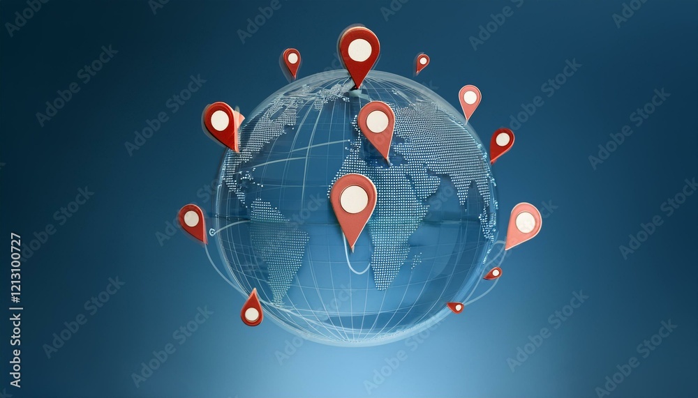 Obraz premium 3D 지구본 위에 떠 있는 위치 핀 아이콘들