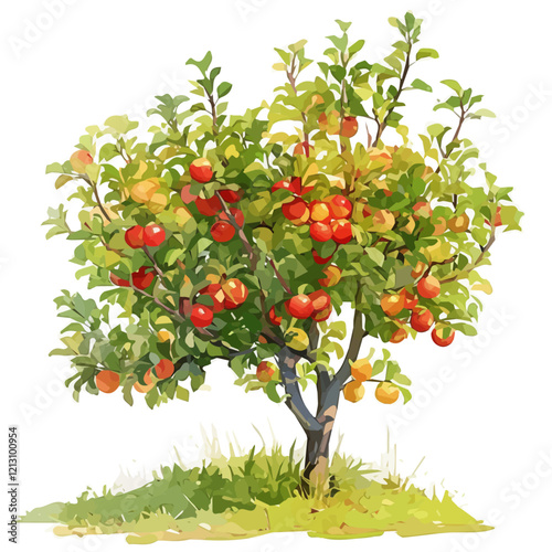 Apple Tree with Fruit – Lush Watercolor Vector Illustration, Classic Fruit Tree Design, Nature-Inspired Artwork, Vibrant Apple Tree with Ripe Fruits Vector.  

