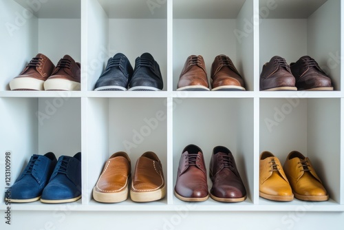 Chic storage solution featuring various shoe pairs on a white backdrop photo