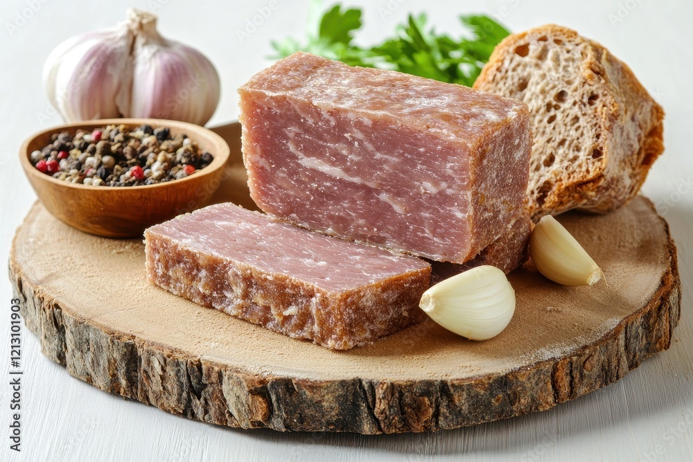Chopped pork fat with garlic and rye bread on wood featuring a sizable piece of fresh lar Chopped pork fat with garlic and rye bread on wood featuring a sizable piece of fresh lar