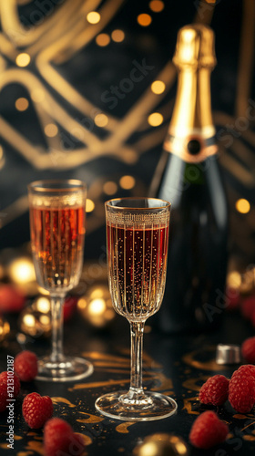 Two elegant champagne flutes filled with sparkling rosé wine, surrounded by fresh raspberries and golden decorations. A bottle of champagne is in the background, with a festive atmosphere.