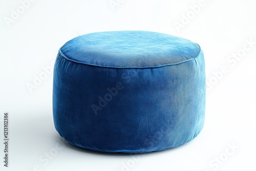 Circular blue pouf in a white room