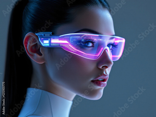 Woman wearing futuristic glasses with neon lights
