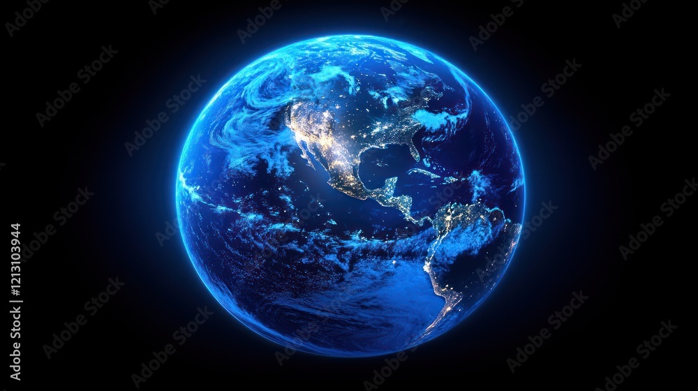 Glowing Earth at night, North and Central America visible. Glowing Earth at night, North and Central America visible.