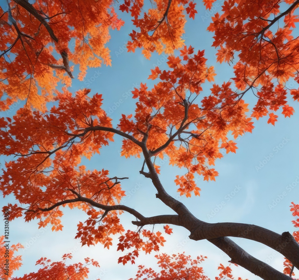 A sprawling branch of maple tree covered in bright orange and red leaves against a pale blue sky, fall foliage, maple tree, nature scenes A sprawling branch of maple tree covered in bright orange and red leaves against a pale blue sky, fall foliage, maple tree, nature scenes