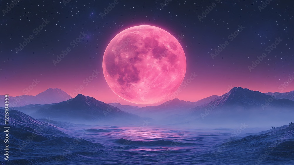 Pink Moon Rises Over Serene Alien Landscape Pink Moon Rises Over Serene Alien Landscape