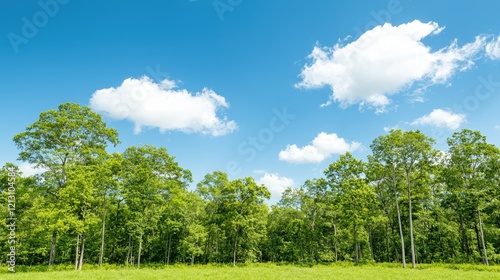 Lush green forest under a bright blue sky with fluffy clouds. Ideal for nature, travel, and environmental themes