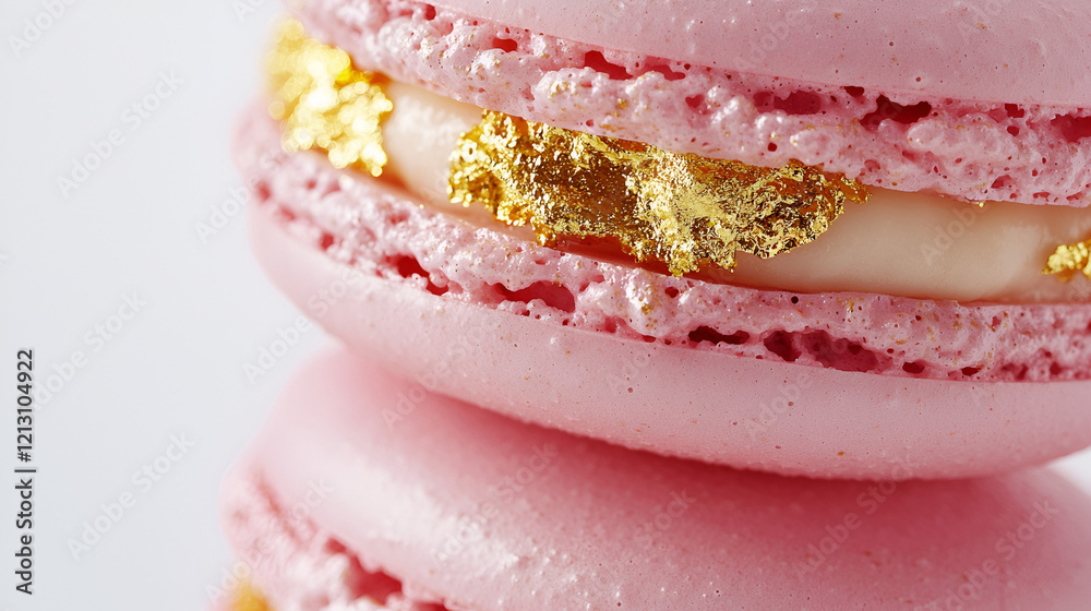 Close-up of delicate pink macarons with edible gold leaf accents. Exquisite detail and texture showcase the beauty of these sweet treats. Close-up of delicate pink macarons with edible gold leaf accents. Exquisite detail and texture showcase the beauty of these sweet treats.