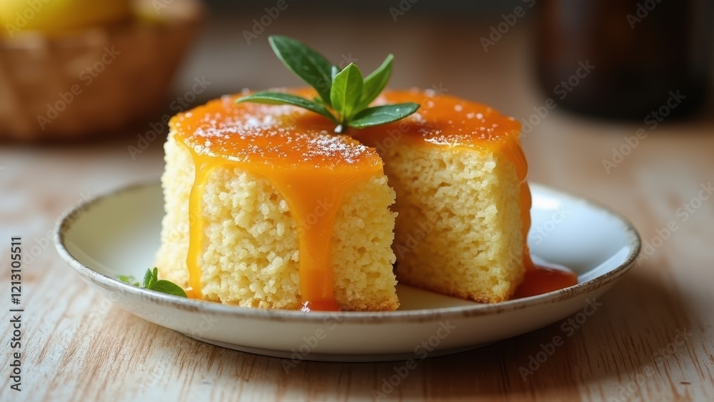 Delicious Basbousa With Syrup Served on a Plate, Showcasing the Texture and Glaze at a Cozy Dessert Spot Delicious Basbousa With Syrup Served on a Plate, Showcasing the Texture and Glaze at a Cozy Dessert Spot