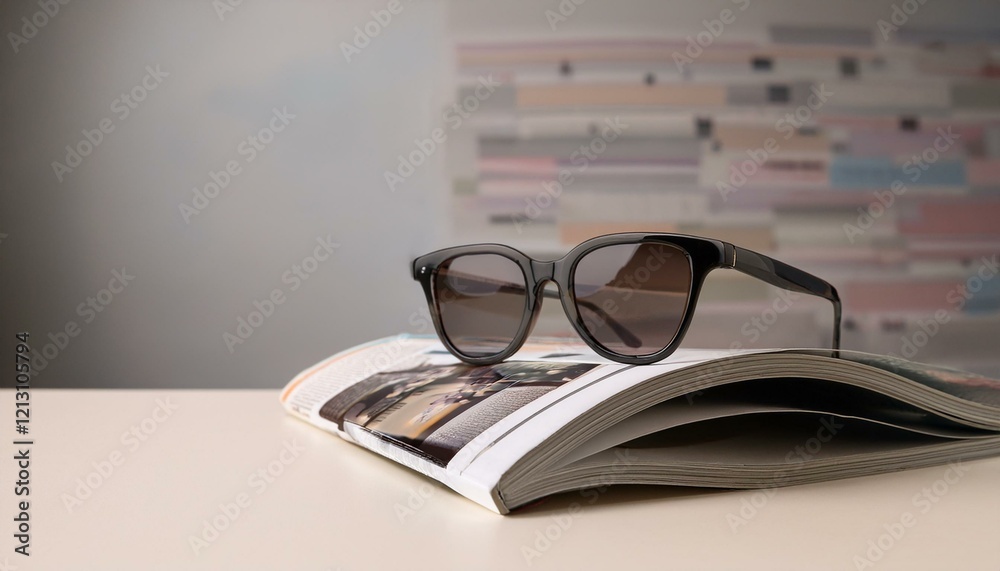패션 잡지가 펼쳐진 테이블 위에 선글라스가 놓여있다